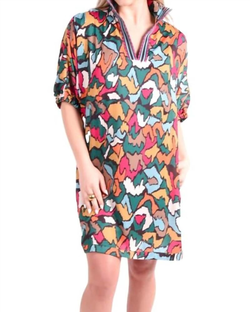 Front of a model wearing a size lg Stella Dress In Fall Ikat in Fall Ikat by Emily McCarthy. | dia_product_style_image_id:342227